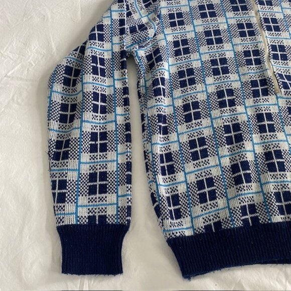 VINTAGE 70s Alexanders Blue White Plaid Half Zip Pullover Sweater - Picture 6 of 10